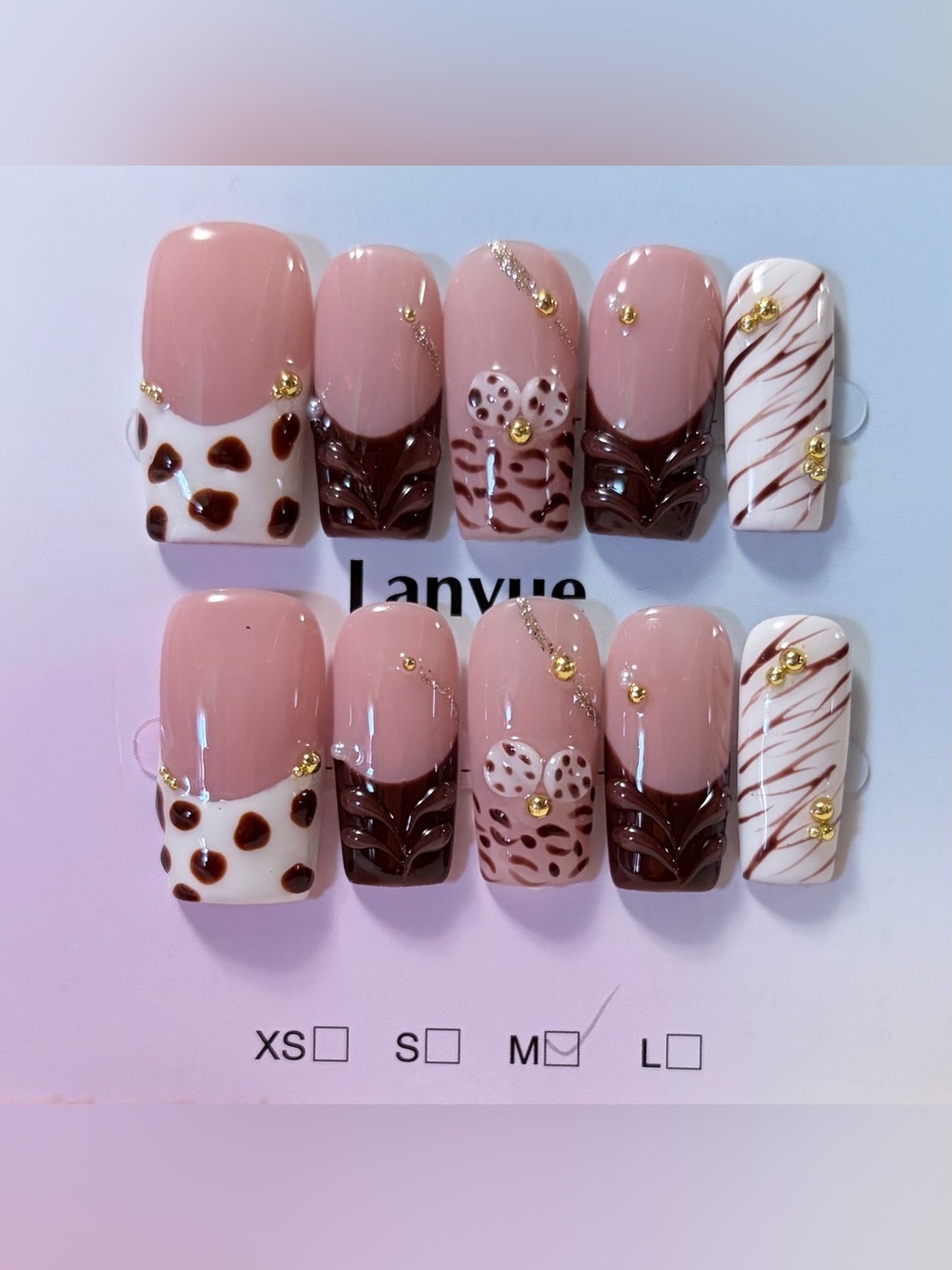 Pink & Brown Floral Faux Nail Set - 10pcs